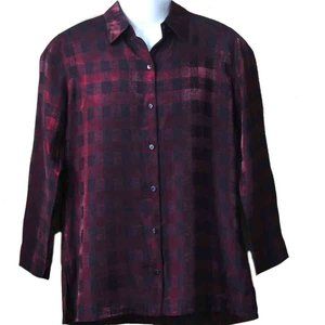 Chico's Design Slinky Metallic Top Shirt Blouse Red Black Check Women's Size 0
